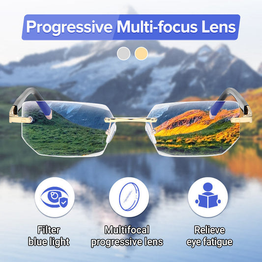Blue light filter progressive reading glasses for distance and near vision