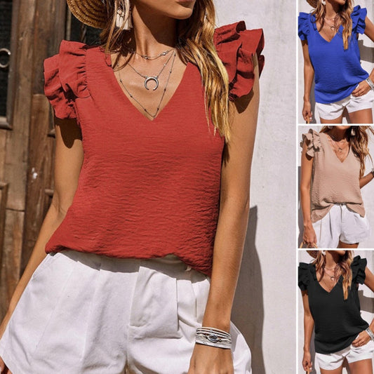 Sleeveless stretch top with V-neck and ruffles