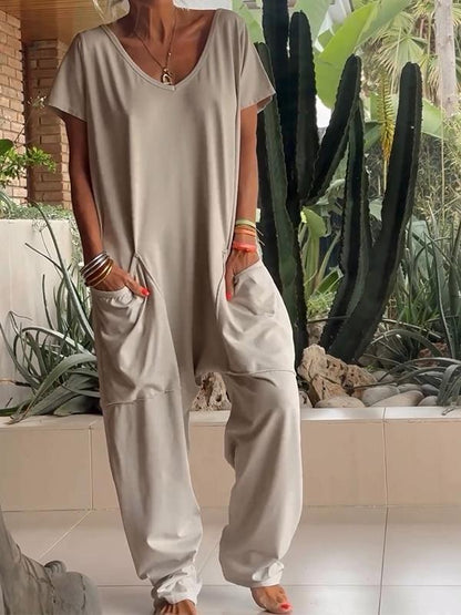 🌸Spring Specials🌸Casual V-neck Solid Color Jumpsuit