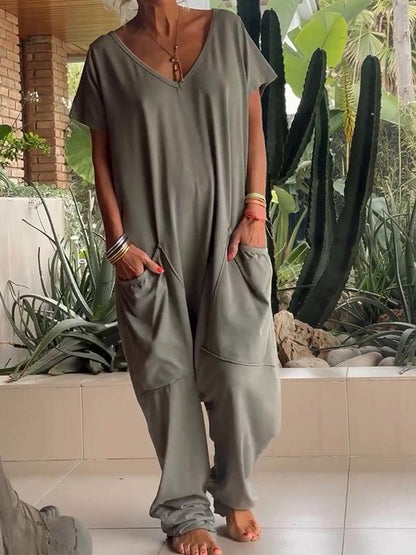 💖Limited Sale 50% OFF💖Casual V-neck Solid Color Jumpsuit