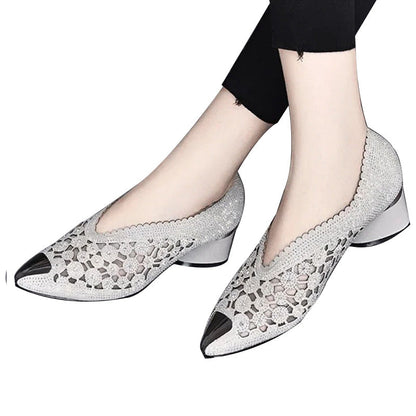 👡Slippers made of mesh with crystals and chunky heel