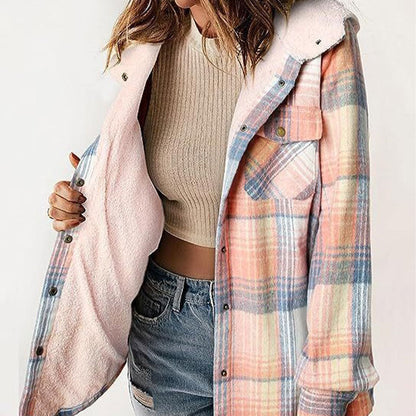 WOMEN'S THICKENED FLANNEL LONG SLEEVE PLAID JACKET COAT WITH HOOD