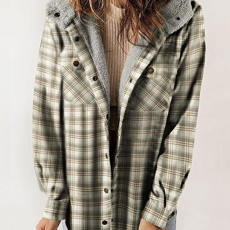 WOMEN'S THICKENED FLANNEL LONG SLEEVE PLAID JACKET COAT WITH HOOD