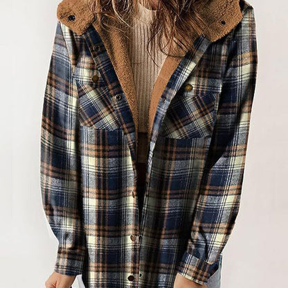 WOMEN'S THICKENED FLANNEL LONG SLEEVE PLAID JACKET COAT WITH HOOD