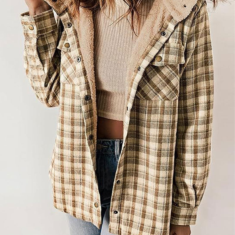 WOMEN'S THICKENED FLANNEL LONG SLEEVE PLAID JACKET COAT WITH HOOD