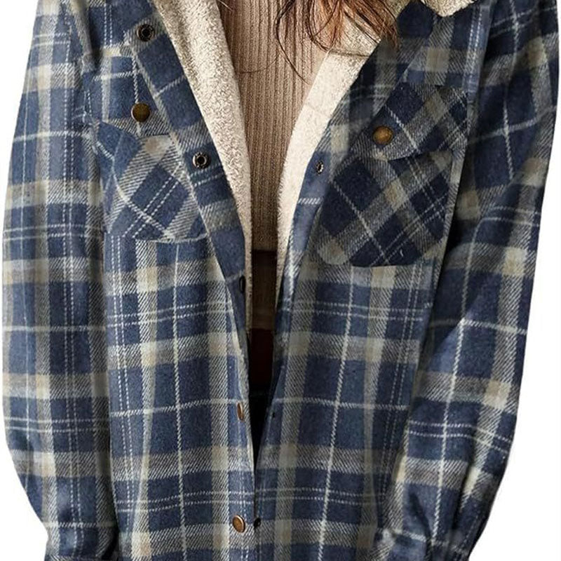 WOMEN'S THICKENED FLANNEL LONG SLEEVE PLAID JACKET COAT WITH HOOD