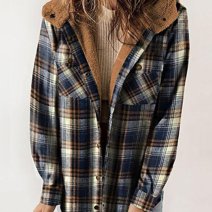 WOMEN'S THICKENED FLANNEL LONG SLEEVE PLAID JACKET COAT WITH HOOD