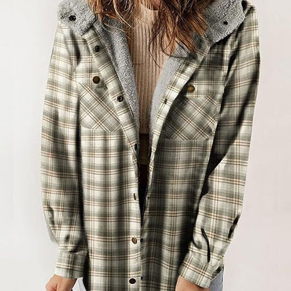 WOMEN'S THICKENED FLANNEL LONG SLEEVE PLAID JACKET COAT WITH HOOD