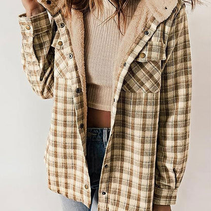 WOMEN'S THICKENED FLANNEL LONG SLEEVE PLAID JACKET COAT WITH HOOD