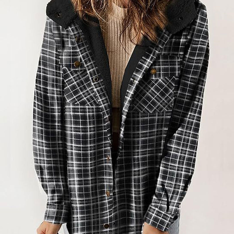 WOMEN'S THICKENED FLANNEL LONG SLEEVE PLAID JACKET COAT WITH HOOD