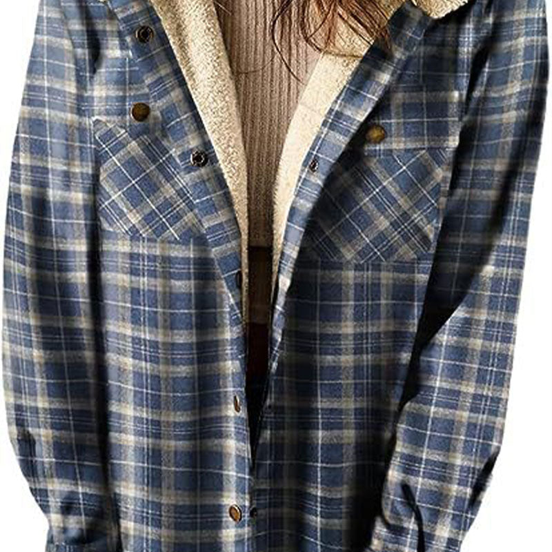 WOMEN'S THICKENED FLANNEL LONG SLEEVE PLAID JACKET COAT WITH HOOD