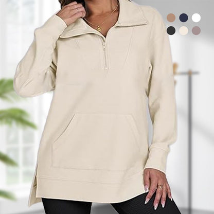 Women’s Casual Half-zip Lapel Pullover Tops with High-low Hem