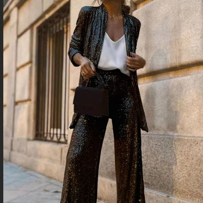 💥FREE SHIPPING💥Sequin Open Front Top Wide Leg Pants Set