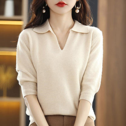 V-neck seven quarter sleeve loose knit base shirt