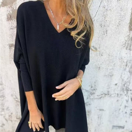 🎅Women's Long Sleeve Knitted V-Neck Loose Long Top