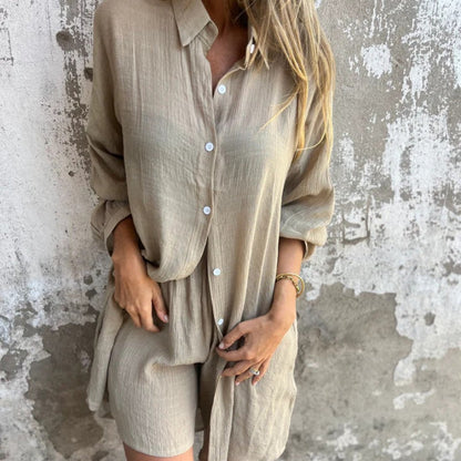 ✨Women's Casual Long Sleeve Shirt & Shorts Two-Piece Set