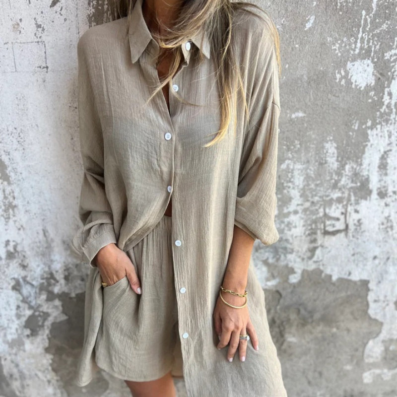 ✨Women's Casual Long Sleeve Shirt & Shorts Two-Piece Set