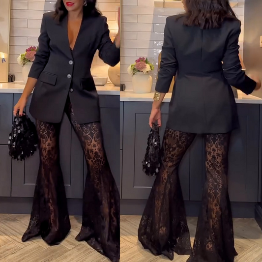 💖Limited Time Sale 50% OFF💖Stylish Blazer & See Through Flared Pants 2 PCS Set