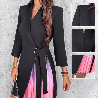 💕2025 HOT SALE💕Ombre Lapel Neck Tied Waist Pleated Blazer Dress