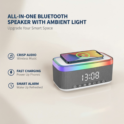 🎵 ALL-IN-ONE BLUETOOTH-LAUTSPRECHER – 15W Qi-Schnellladung • LED-Wecker • Ambientebeleuchtung • Klare Klangqualität