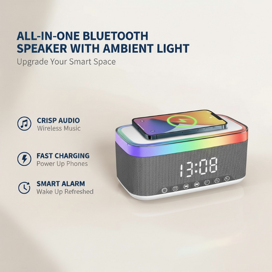 🎵 ALL-IN-ONE BLUETOOTH-LAUTSPRECHER – 15W Qi-Schnellladung • LED-Wecker • Ambientebeleuchtung • Klare Klangqualität