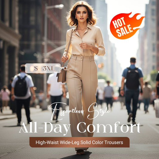Damenhose mit hoher Taille, weitem Bein und einfarbigem Design